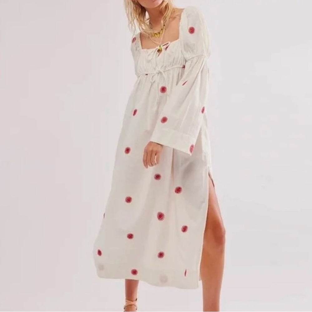 Free People Emory Embroidered Linen Midi Maxi Dress Ivory Boho – Size Medium - Picture 2 of 10